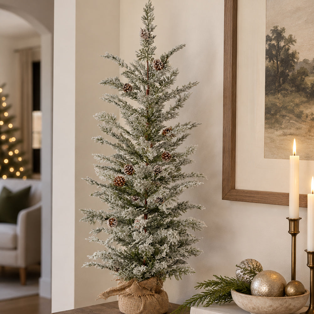 Frosted White Spruce 30 Inch Tall Unlit Tabletop Tree with Wrapped Burlap Base
