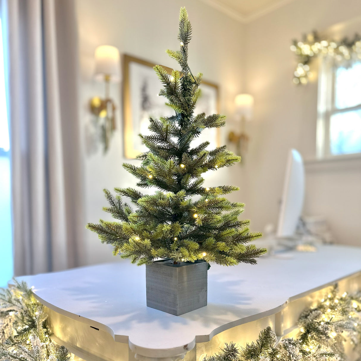 30 Inch Prelit Fraser Fir Potted Tree in Wooden Pot