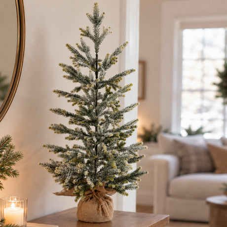 Frosted Fraser Fir 30 Inch Tall Unlit Tabletop Tree with Wrapped Burlap Base