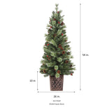 4.5 Foot Pre-Lit Evergreen Potted Porch Tree with 100 Warm White LED Lights, Red Berries, Real Pinecones