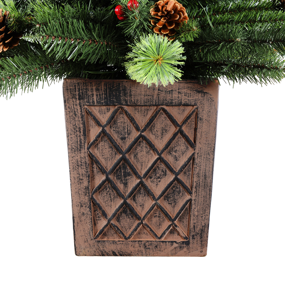 4.5 Foot Pre-Lit Evergreen Potted Porch Tree with 100 Warm White LED Lights, Red Berries, Real Pinecones