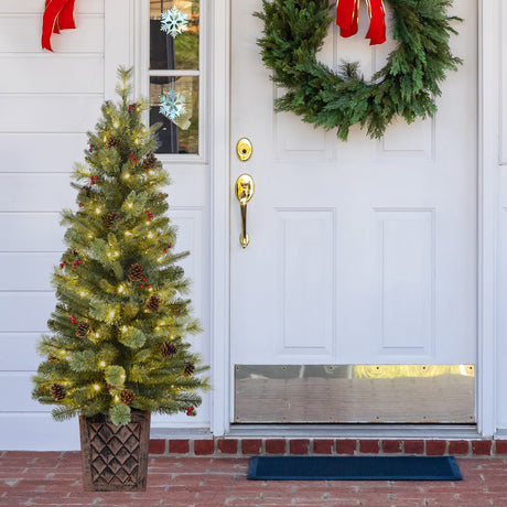 4.5 Foot Pre-Lit Evergreen Potted Porch Tree with 100 Warm White LED Lights, Red Berries, Real Pinecones