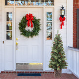 4.5 Foot Pre-Lit Evergreen Potted Porch Tree with 100 Warm White LED Lights, Red Berries, Real Pinecones