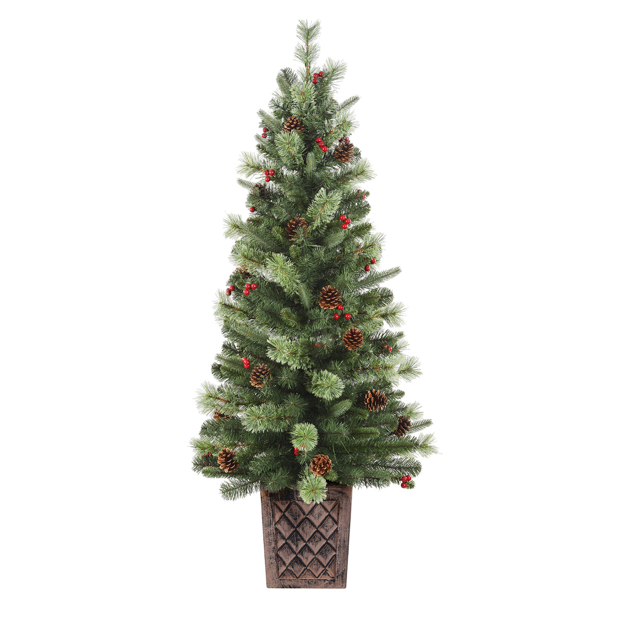 4.5 Foot Pre-Lit Evergreen Potted Porch Tree with 100 Warm White LED Lights, Red Berries, Real Pinecones