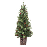 4.5 Foot Pre-Lit Evergreen Potted Porch Tree with 100 Warm White LED Lights, Red Berries, Real Pinecones