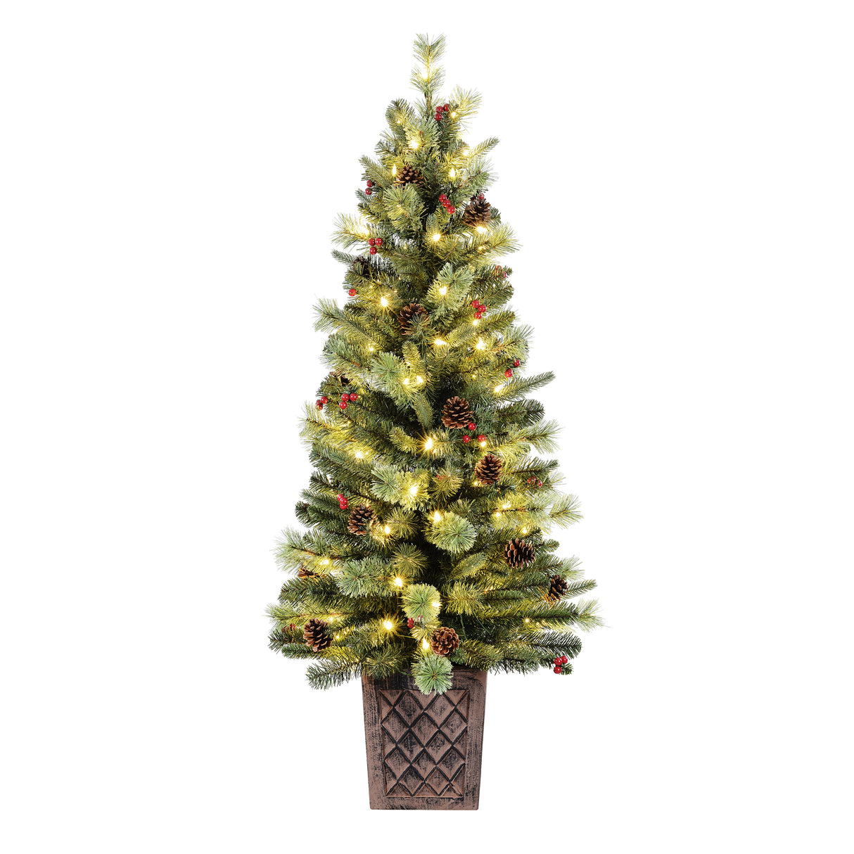 4.5 Foot Pre-Lit Evergreen Potted Porch Tree with 100 Warm White LED Lights, Red Berries, Real Pinecones