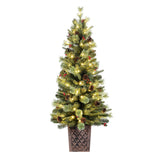 4.5 Foot Pre-Lit Evergreen Potted Porch Tree with 100 Warm White LED Lights, Red Berries, Real Pinecones