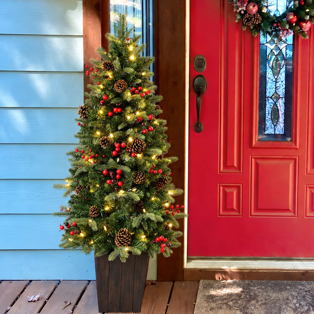 Classic Forest 4.5 Ft. Pre-Lit Potted Porch Tree with Real Pinecones in Wood Grain Pot