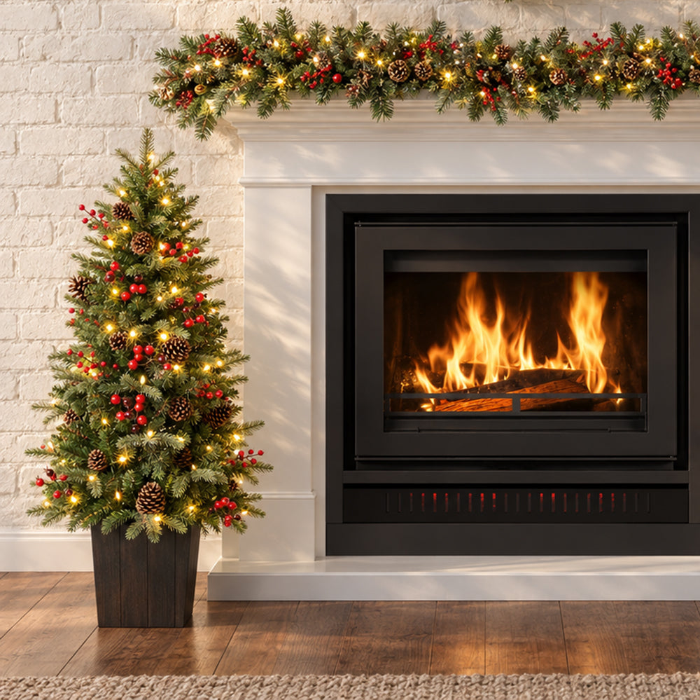 Classic Forest 4.5 Ft. Pre-Lit Potted Porch Tree with Real Pinecones in Wood Grain Pot