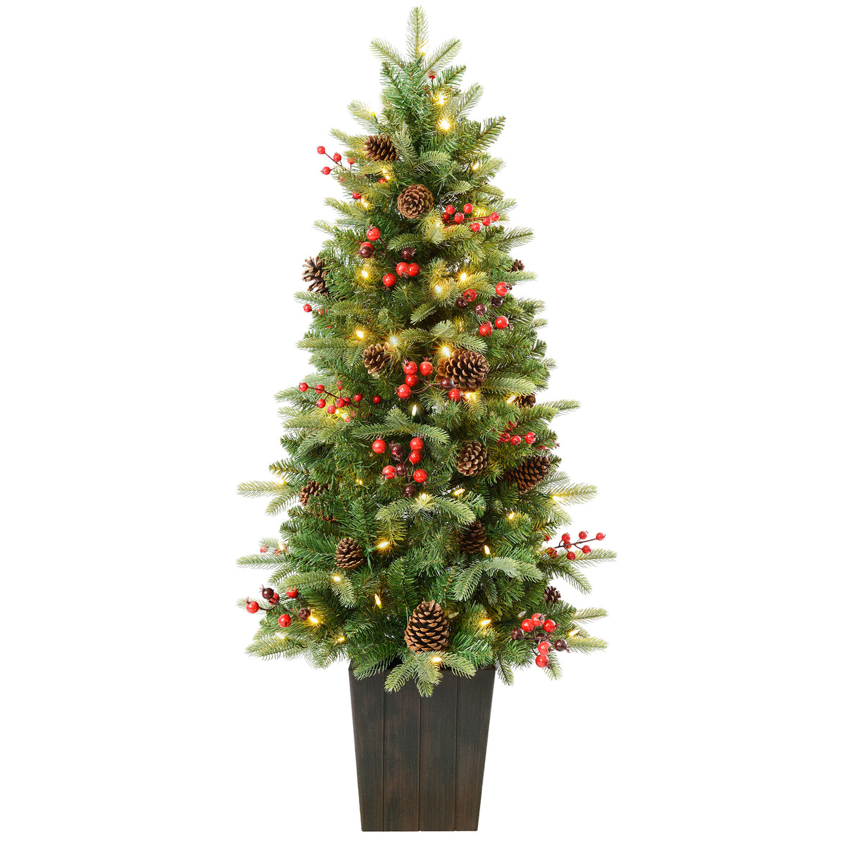 Classic Forest 4.5 Ft. Pre-Lit Potted Porch Tree with Real Pinecones in Wood Grain Pot