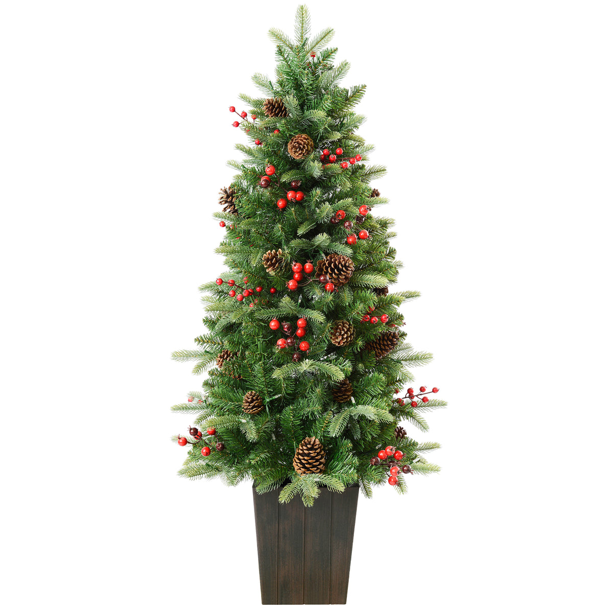 Classic Forest 4.5 Ft. Pre-Lit Potted Porch Tree with Real Pinecones in Wood Grain Pot