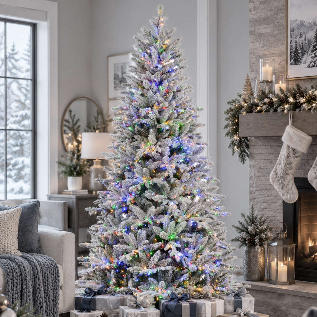 Flocked Queensbury Fir 7.5 Ft. Christmas Tree with 8 Function Lights Including Twinkle