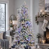 Flocked Queensbury Fir 7.5 Ft. Christmas Tree with 8 Function Lights Including Twinkle