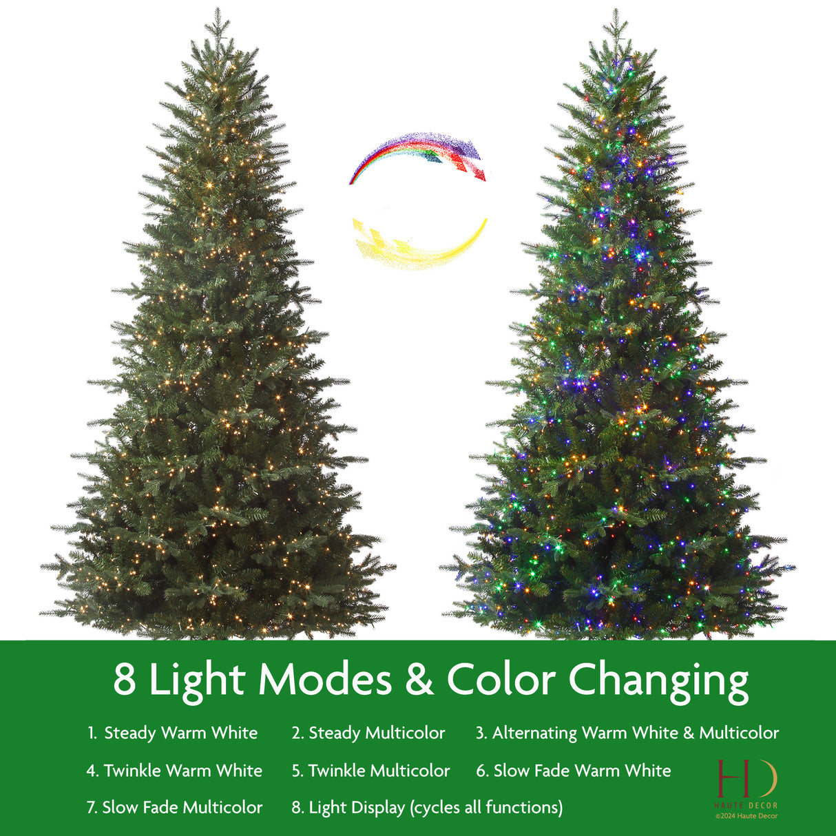 7.5 Ft. Tall Queensbury PE Fir Christmas Tree with 8 Function LED Lights, Instant Shape Memory Wire, and Foot Pedal Control