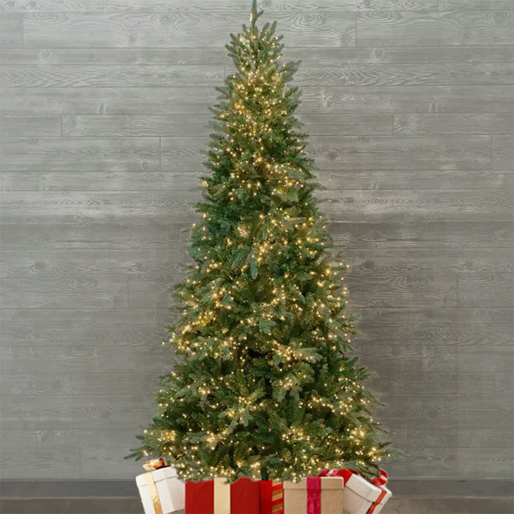 7.5 Ft. Tall Queensbury PE Fir Christmas Tree with 8 Function LED Lights, Instant Shape Memory Wire, and Foot Pedal Control