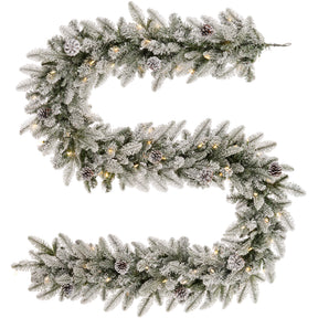 Snowy Stockbridge Pre-Lit 9 Ft. Flocked Garland with Twinkle Lights and Silver Glitter Pinecones