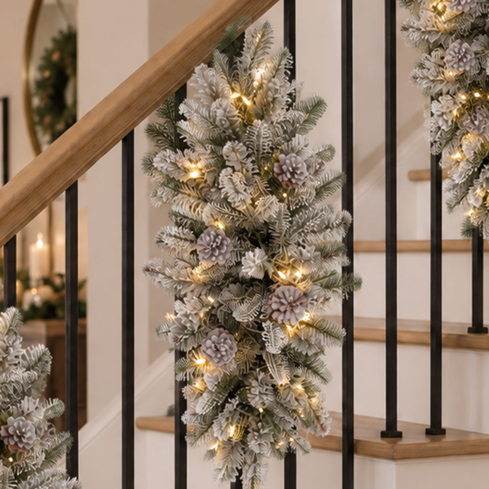 Snowy Stockbridge Pre-Lit 26 Inch Staircase Swag with Twinkle Lights and Silver Glitter Pinecones