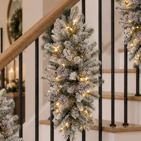 Snowy Stockbridge Pre-Lit 26 Inch Staircase Swag with Twinkle Lights and Silver Glitter Pinecones