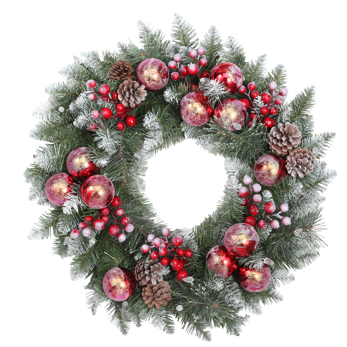 Haute Decor 24 Inch Frosted Ithica Pine Wreath with Soft White LED Lights and Auto Timer - Artificial Pre-Lit Christmas Wreath