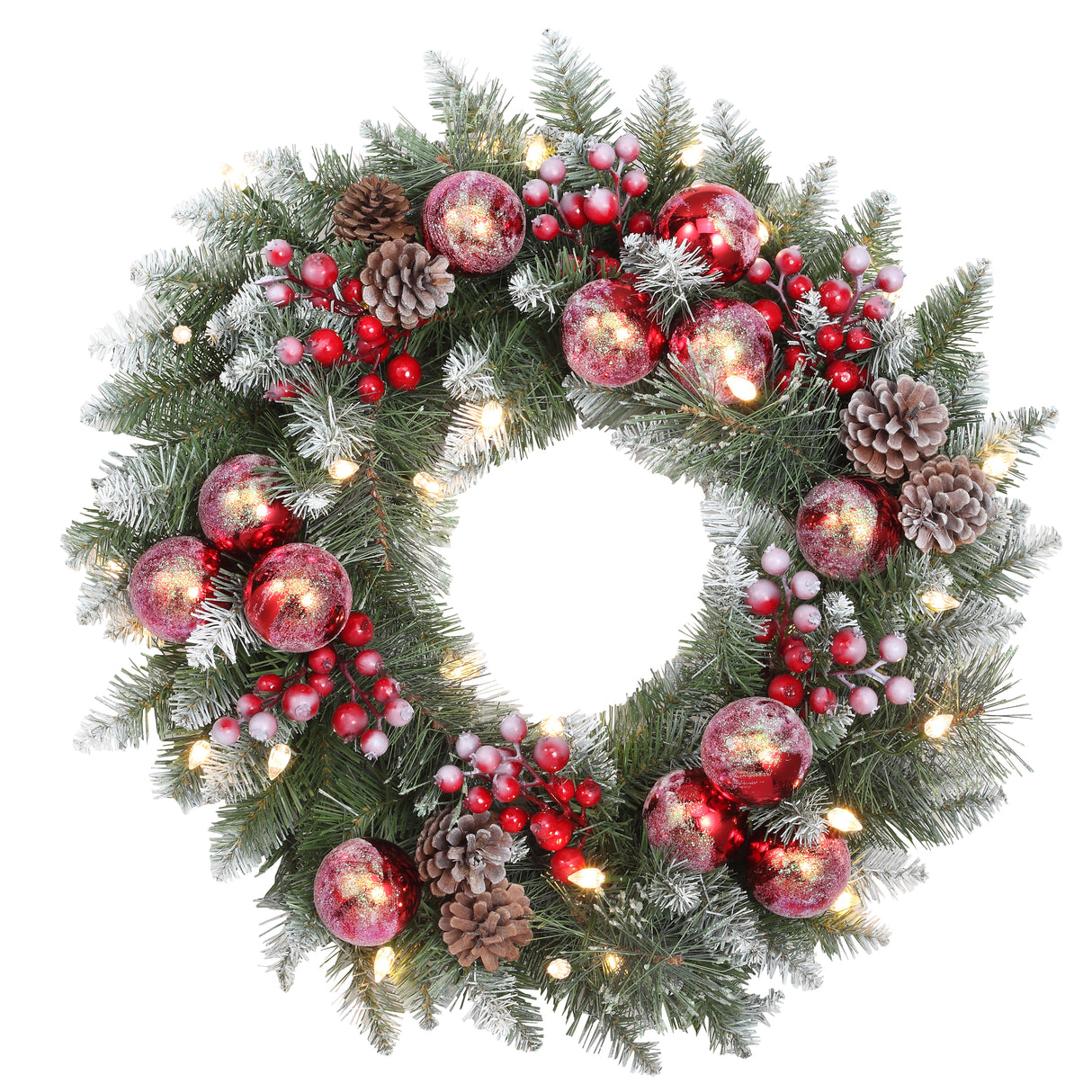 Haute Decor 24 Inch Frosted Ithica Pine Wreath with Soft White LED Lights and Auto Timer - Artificial Pre-Lit Christmas Wreath