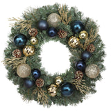 Haute Decor 24 Inch Sutton Place Christmas Wreath with Soft White LED Lights on Automatic Timer - Pre-Lit Christmas Wreath Featuring Blue and Gold Shatterproof Ornaments