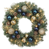 Haute Decor 24 Inch Sutton Place Christmas Wreath with Soft White LED Lights on Automatic Timer - Pre-Lit Christmas Wreath Featuring Blue and Gold Shatterproof Ornaments