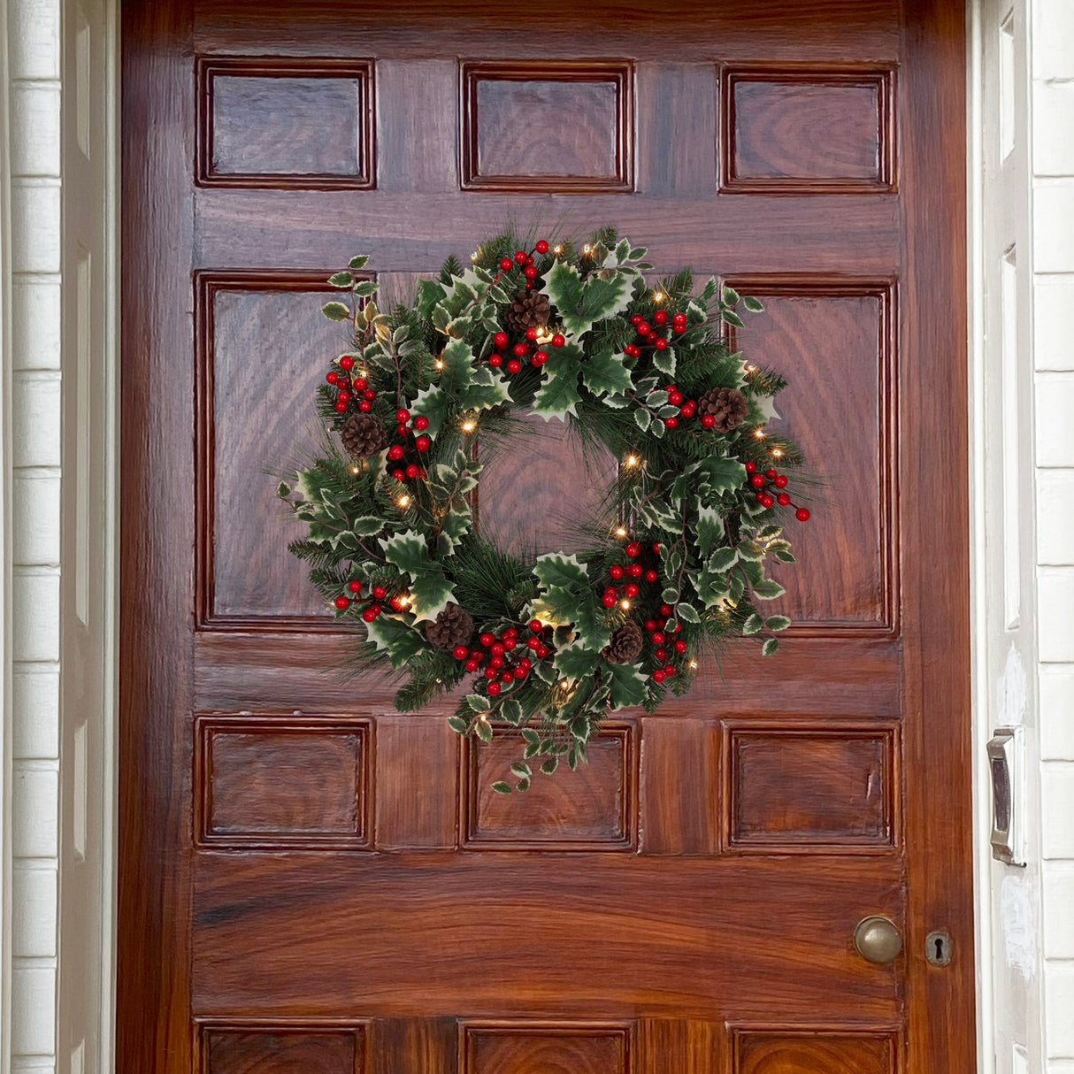 Haute Decor 24 Inch Holly Pine Pre-Lit Christmas Wreath - Pine Wreath with Lush Holly, Berries, and Pinecones