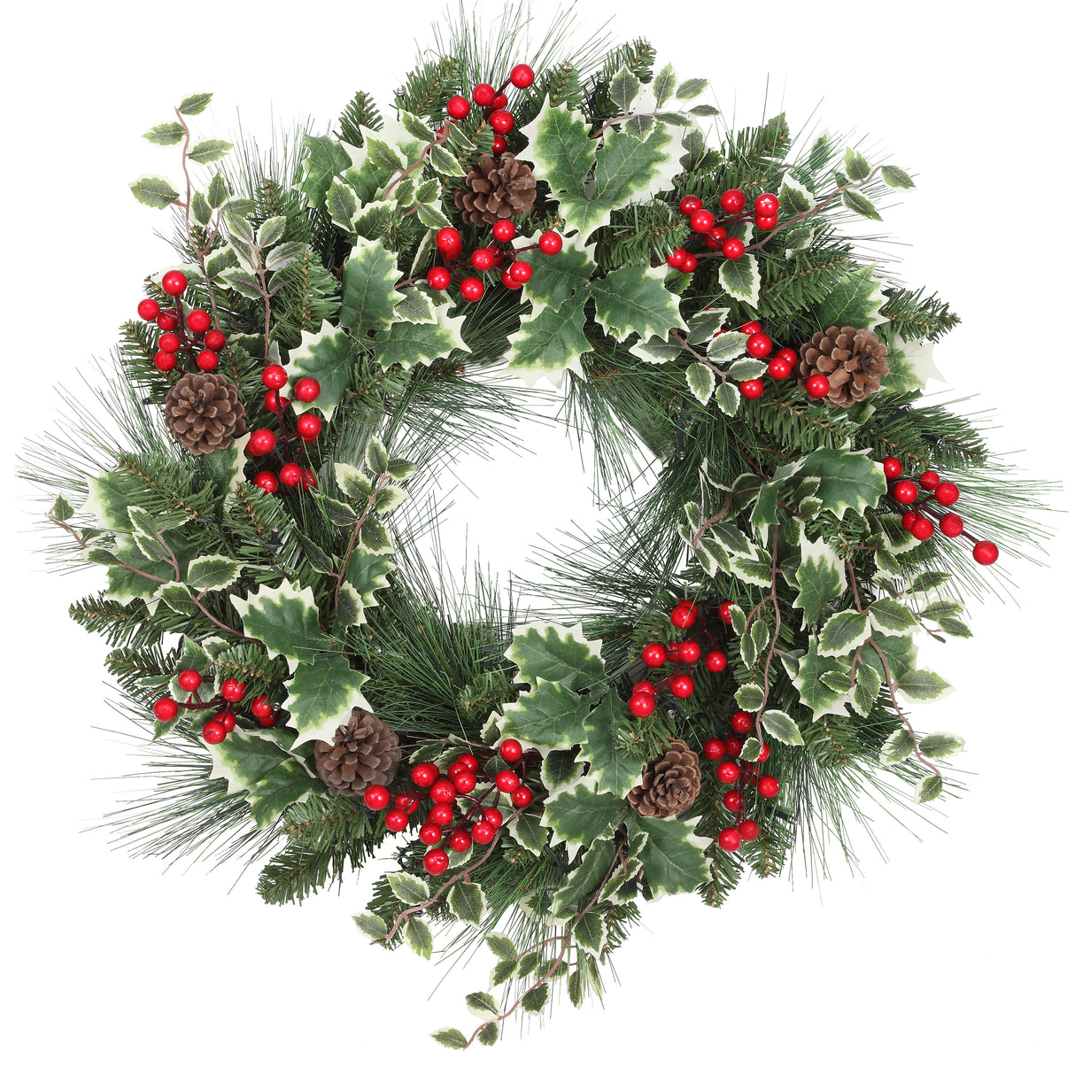 Haute Decor 24 Inch Holly Pine Pre-Lit Christmas Wreath - Pine Wreath with Lush Holly, Berries, and Pinecones