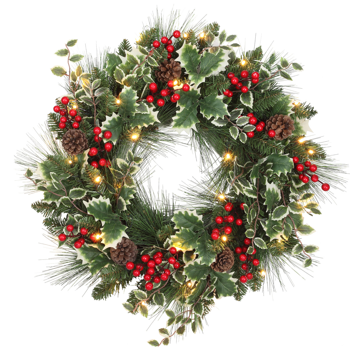 Haute Decor 24 Inch Holly Pine Pre-Lit Christmas Wreath - Pine Wreath with Lush Holly, Berries, and Pinecones