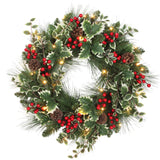 Haute Decor 24 Inch Holly Pine Pre-Lit Christmas Wreath - Pine Wreath with Lush Holly, Berries, and Pinecones