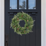 Haute Decor 24 Inch Bergen Pine Wreath with Gold Accents and Soft White LED Lights on Auto Timer - Natural Looking Pre-Lit Christmas Wreath