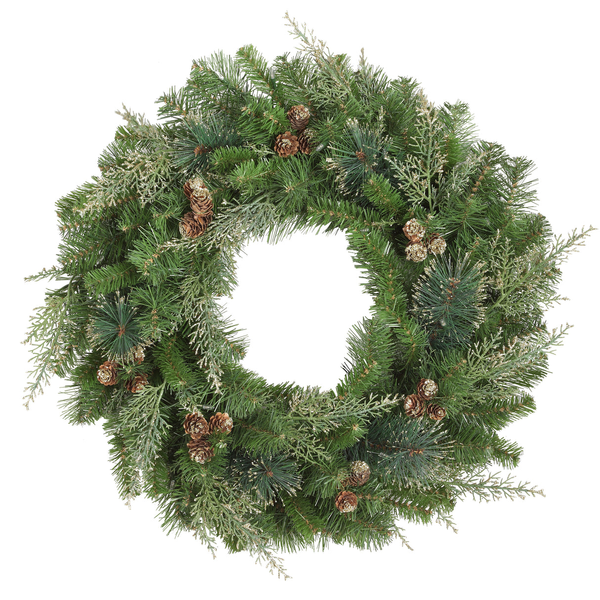 Haute Decor 24 Inch Bergen Pine Wreath with Gold Accents and Soft White LED Lights on Auto Timer - Natural Looking Pre-Lit Christmas Wreath