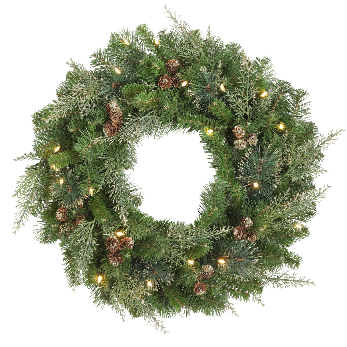 Haute Decor 24 Inch Bergen Pine Wreath with Gold Accents and Soft White LED Lights on Auto Timer - Natural Looking Pre-Lit Christmas Wreath