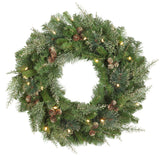 Haute Decor 24 Inch Bergen Pine Wreath with Gold Accents and Soft White LED Lights on Auto Timer - Natural Looking Pre-Lit Christmas Wreath