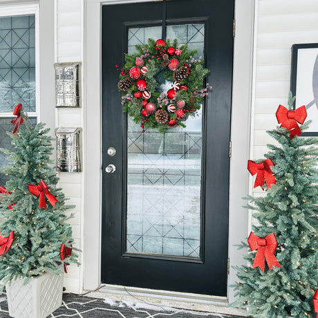 Haute Decor 26 Inch Holiday Times Wreath with Patterned Red and White Shatterproof Ornaments, Berries, and Real Pinecones
