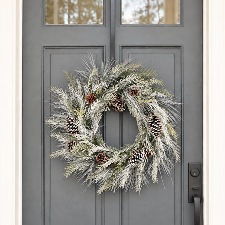 Frosted Cypress and Pine 28 Inch Unlit Greenery Wreath with Pinecones