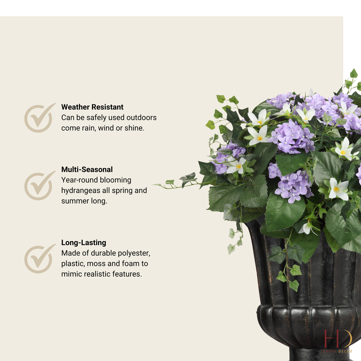 Purple Hydrangea Urn Filler with Adjustable Height