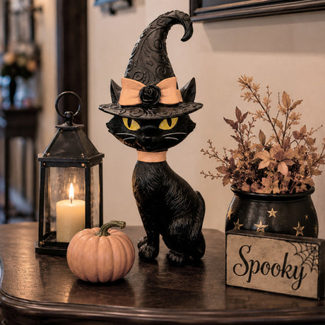 Halloween Black Cat 14 Inch Tall Tabletop Decoration with Orange Accents