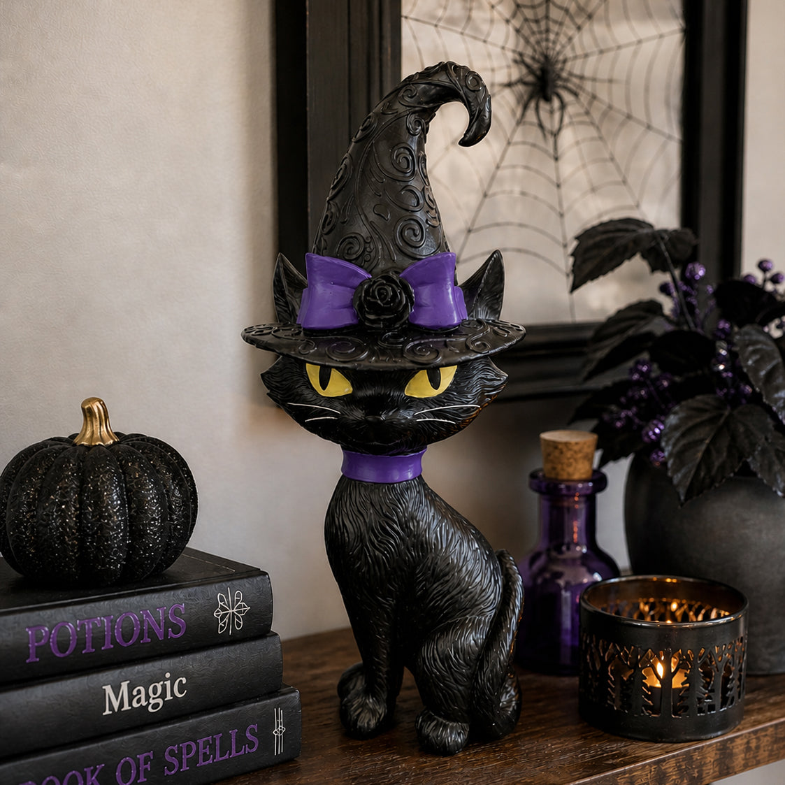 Halloween Black Cat 14 Inch Tall Tabletop Decoration with Purple Accents
