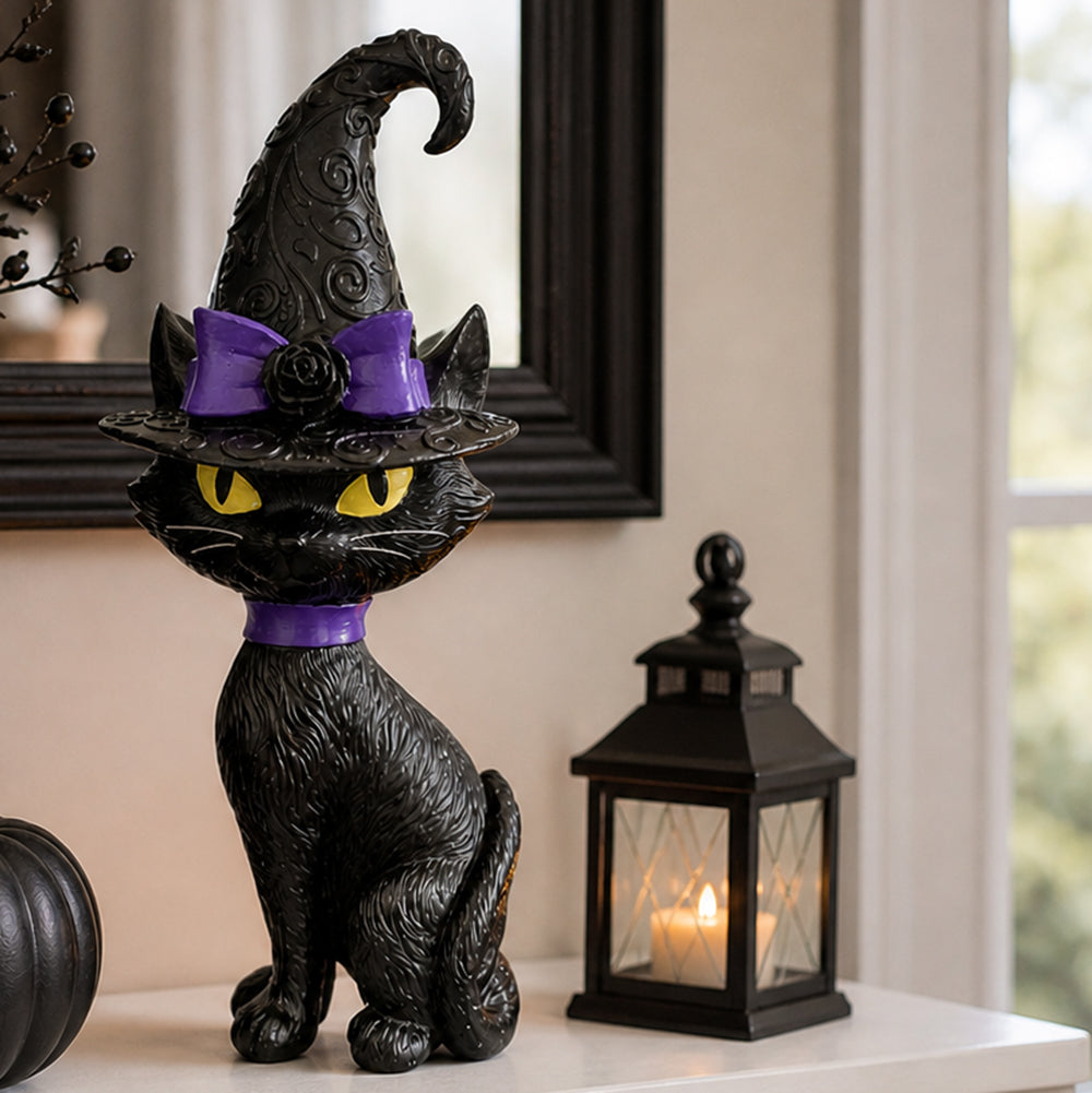 Halloween Black Cat 14 Inch Tall Tabletop Decoration with Purple Accents