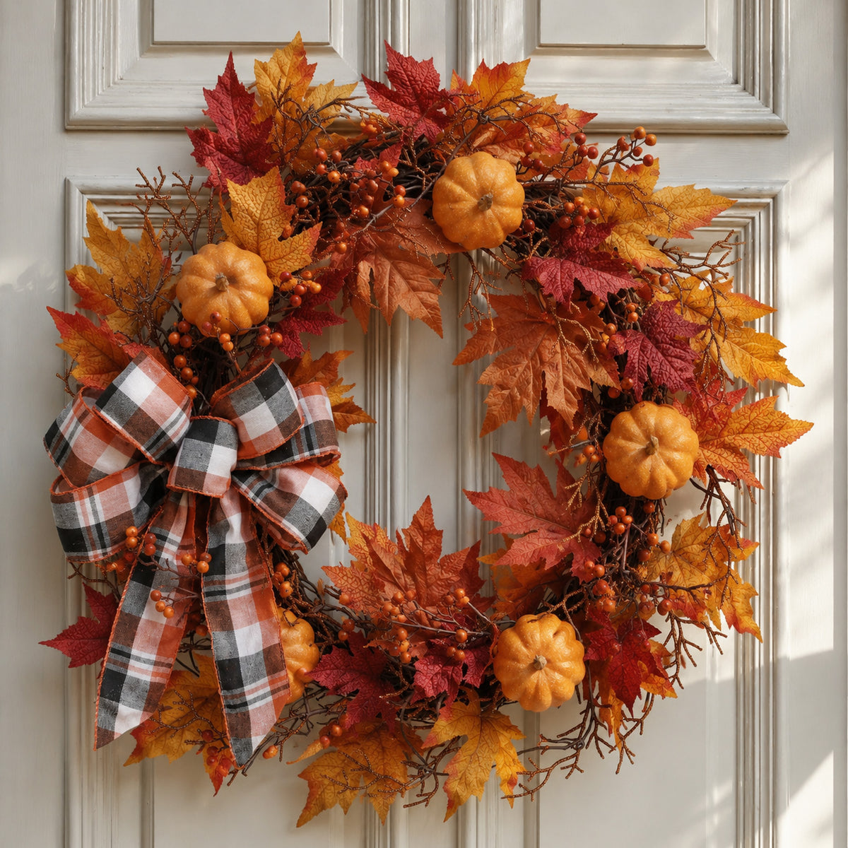 24 Inch Pre-lit Halloween Pumpkin Plaid Wreath