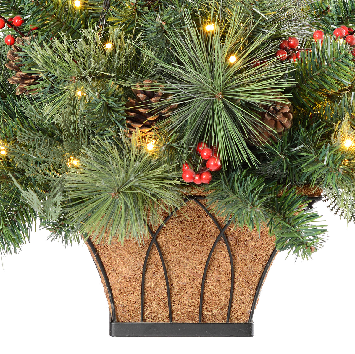 Classic Pre-Lit Holiday Greenery Hanging Basket with Pinecones and Berries