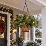 Classic Pre-Lit Holiday Greenery Hanging Basket with Pinecones and Berries