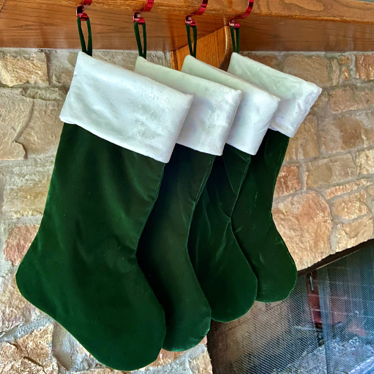 Velveteen Dark Green HangRight Stocking with White Cuff - 20 inches