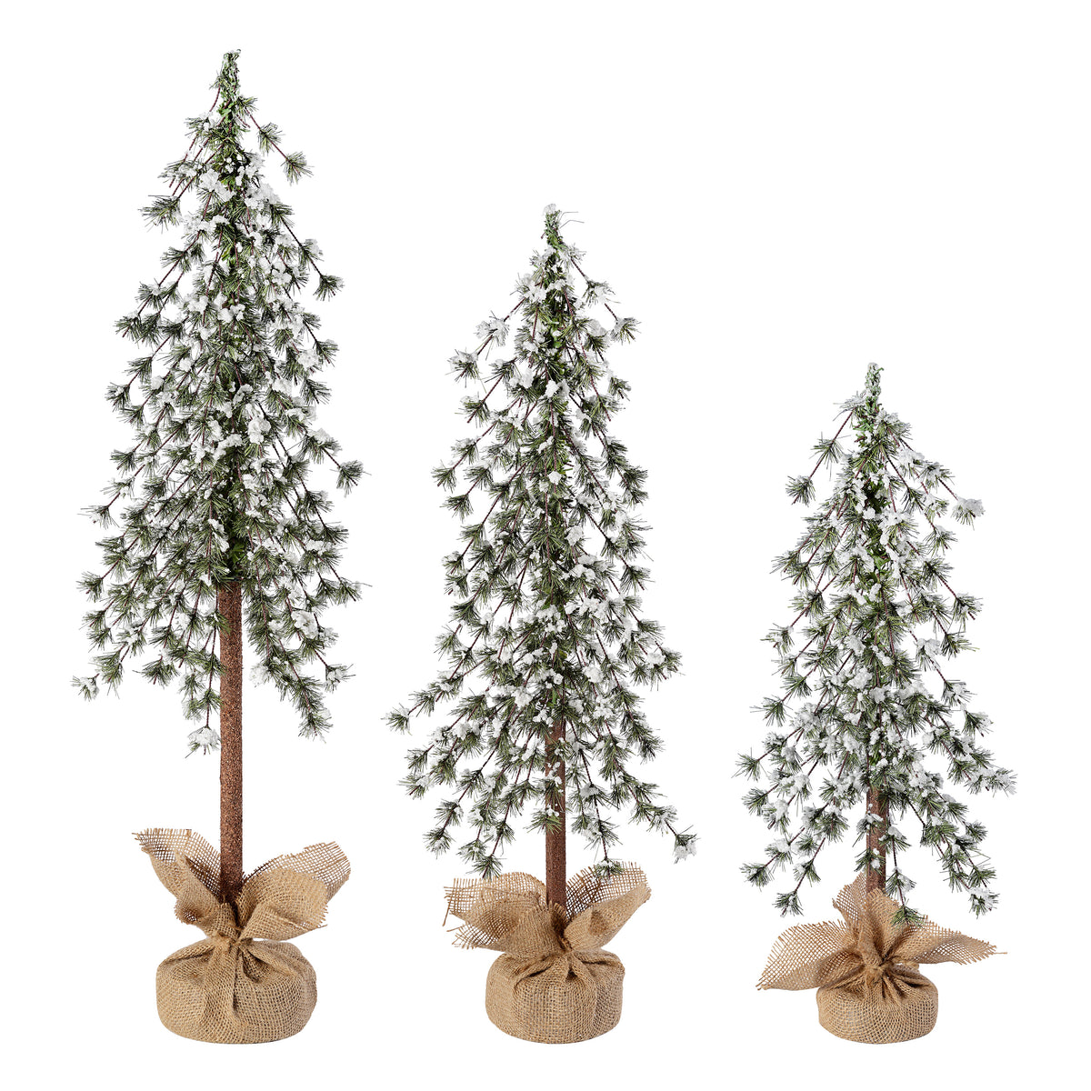 Set of 3 Snow Capped Unlit Alpine Trees with Wrapped Burlap Bases - 24 in., 30 in., and 36 in. Sizes