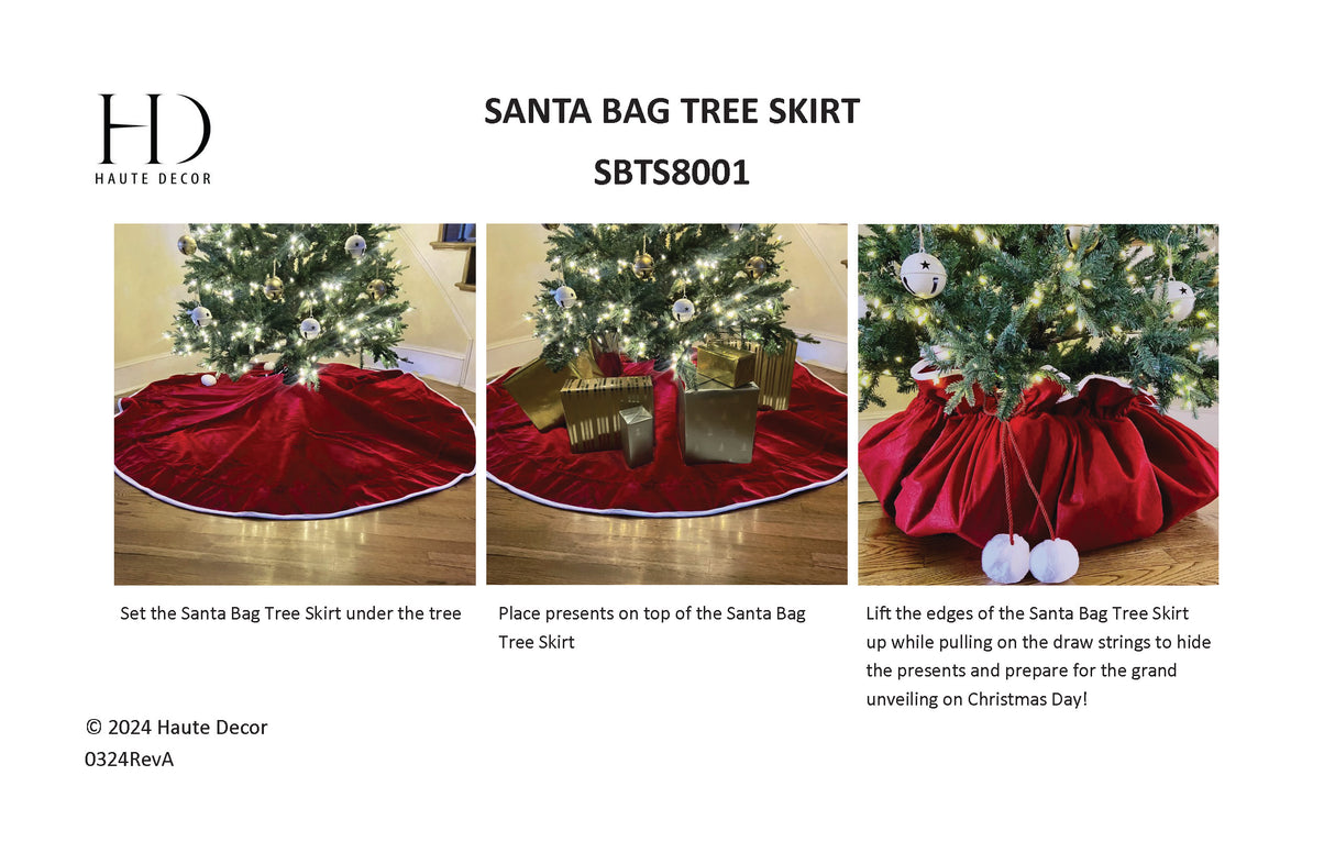 80 Inch Santa's Surprise Santa Bag Tree Skirt, Burgundy Velvet Fabric, Double-Sided