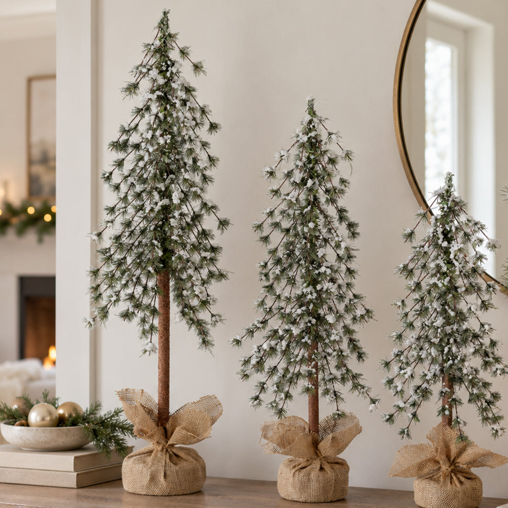 Set of 3 Snow Capped Unlit Alpine Trees with Wrapped Burlap Bases - 24 in., 30 in., and 36 in. Sizes