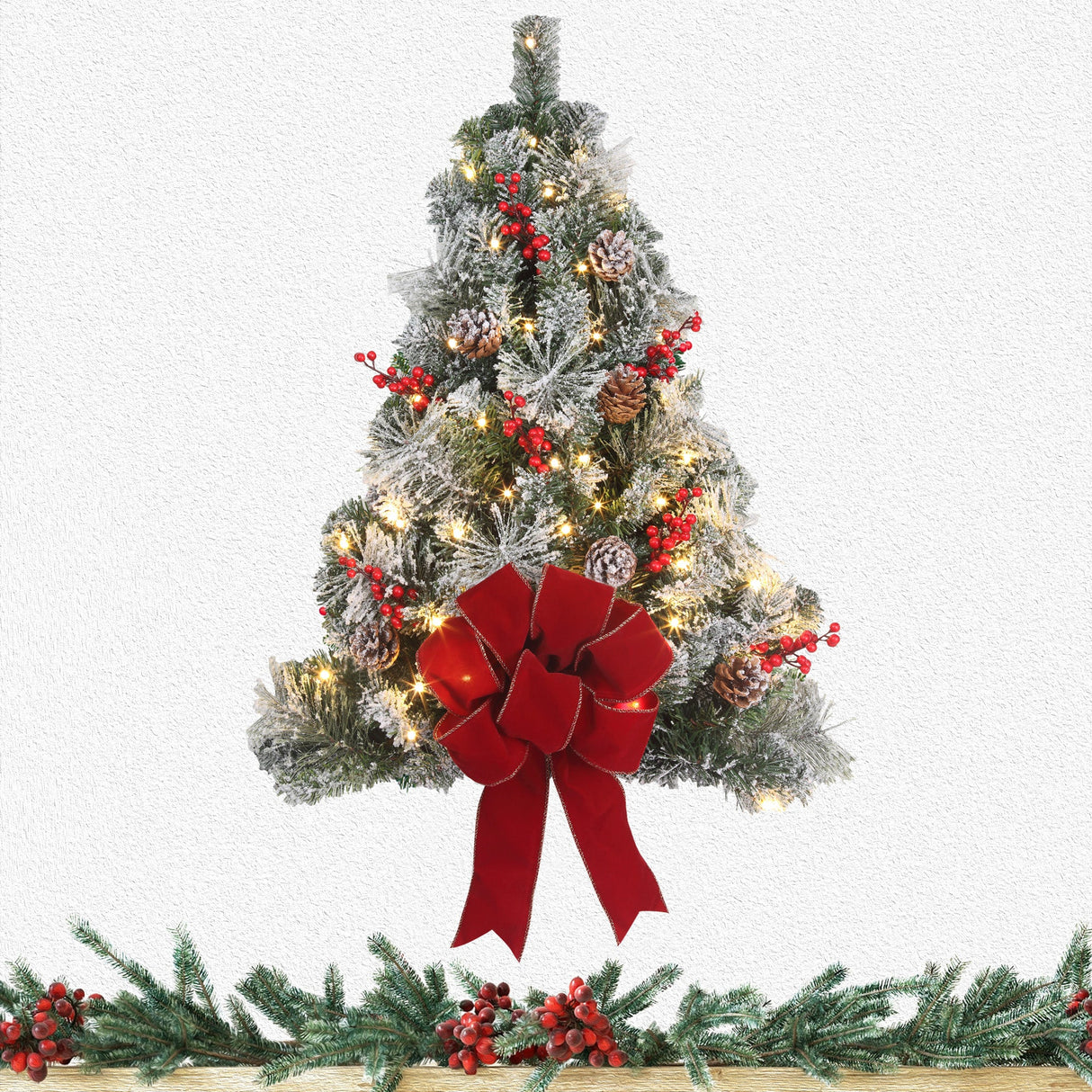 Christmas Tree - 28 Inch Pre-lit Flocked Easy Hang Christmas Wall Tree