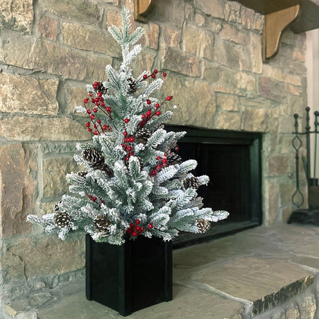 Christmas Tree - 36 Inch Unlit Flocked Stockhorn Potted Fir Tree With Berries And Pinecones In Black Wooden Pot