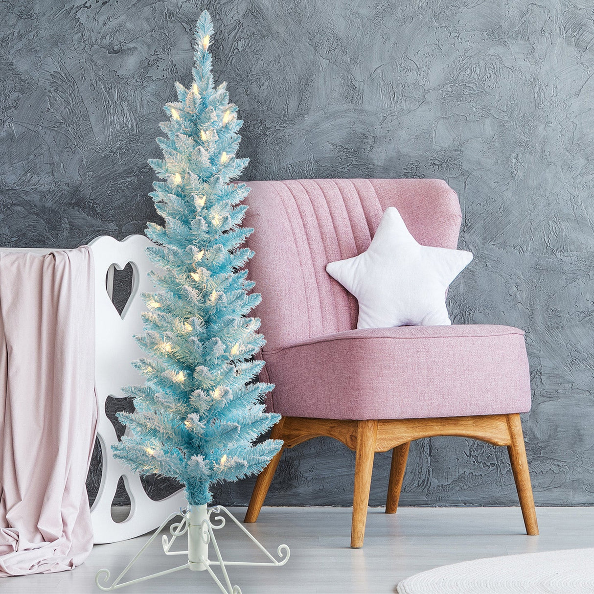 Christmas Tree - 4 Foot Prelit Blue Cotton Candy Flocked Fir Christmas Tree